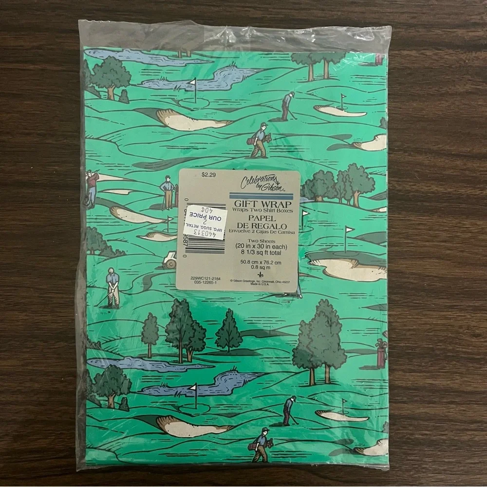 New old Stock Celebrations by Gibson Golf Themed Gift Wrap Paper Green Vintage
